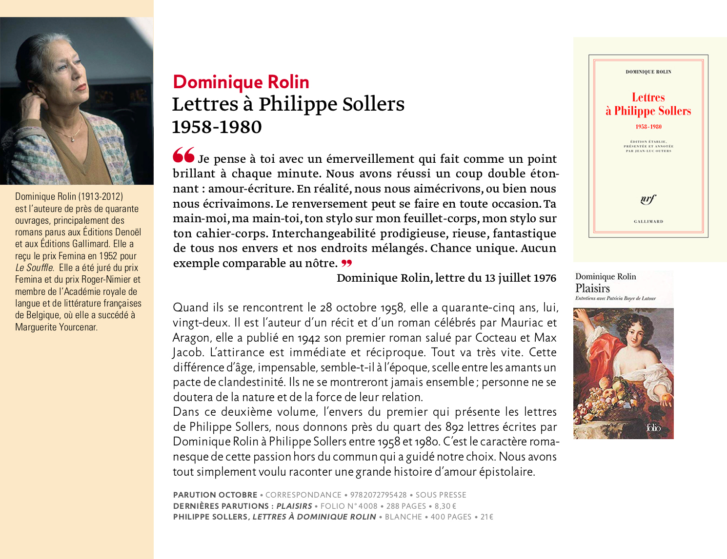 Dominique Rolin, lettres à Philippe Sollers
