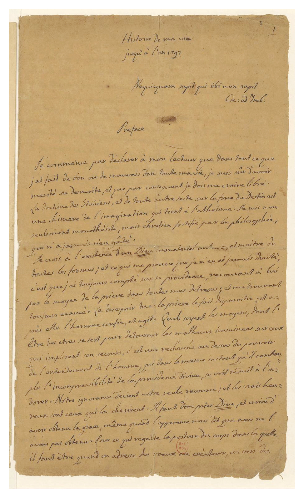 La premire page du manuscrit de Casanova