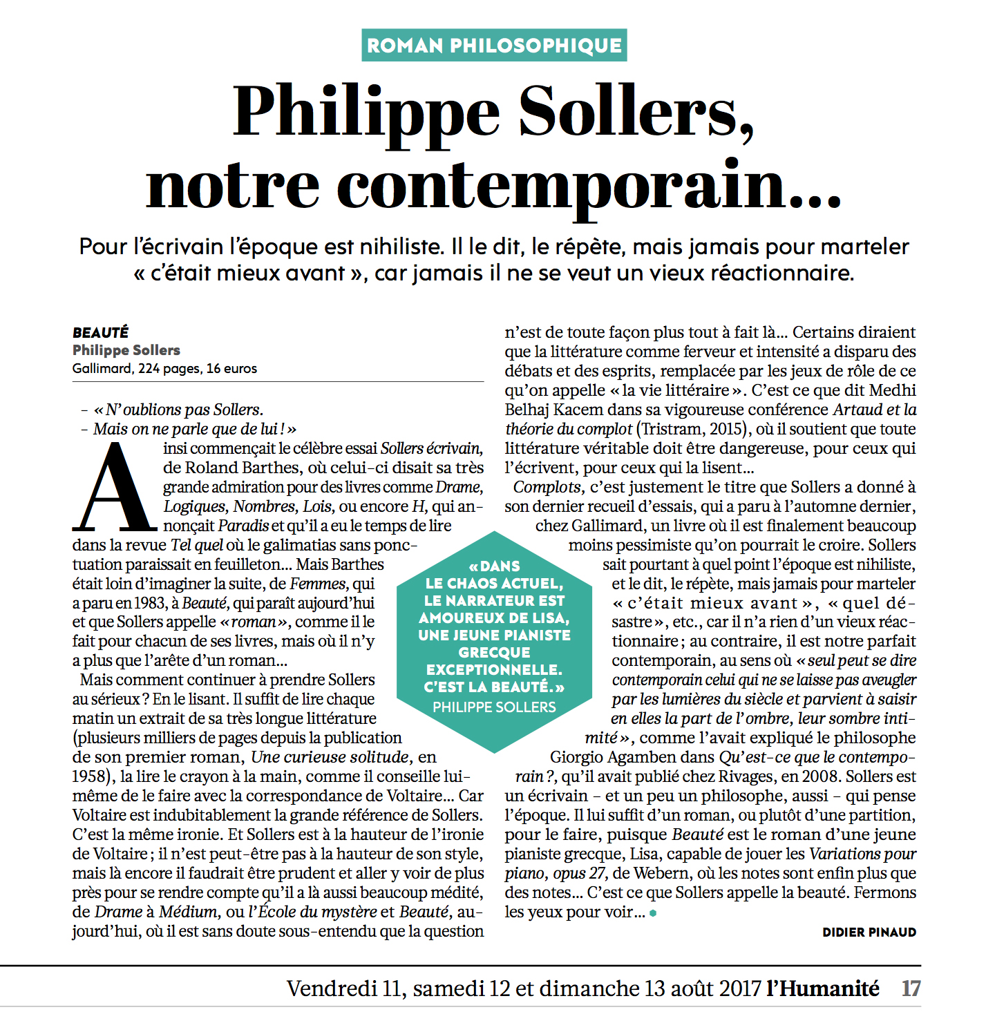 Philippe Sollers Beauté, roman philosophique