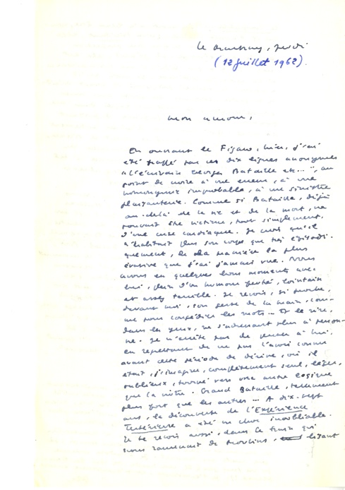 Lettre de Philippe Sollers à Dominique Rolin, 12 juillet 1962